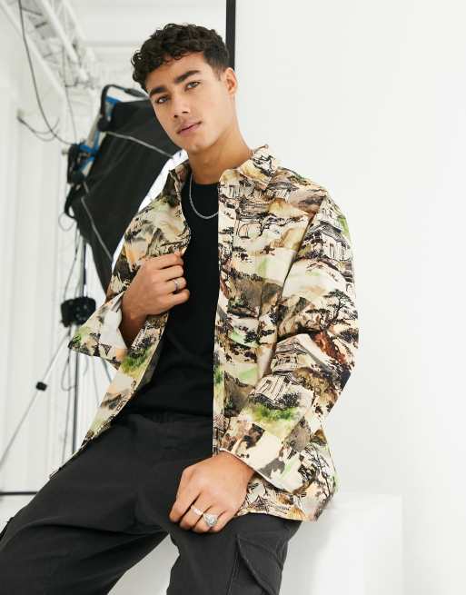 River Island long sleeve printed fleece overshirt in ecru | ASOS