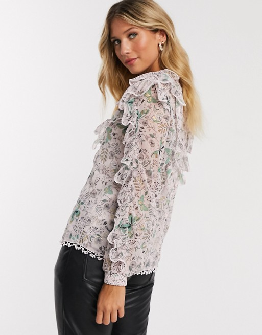 River Island long sleeve printed frill blouse in pink