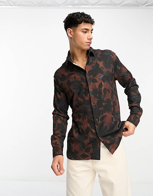 River Island long sleeve printed leaves party shirt in brown | ASOS