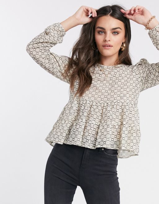 River Island long sleeve puff shoulder lace top in cream | ASOS