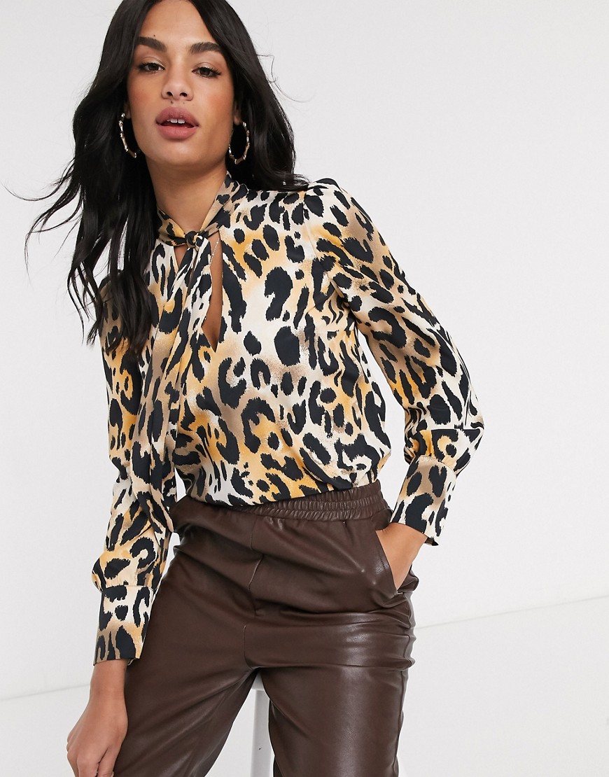 River Island long sleeve pussybow blouse in leopard-Multi