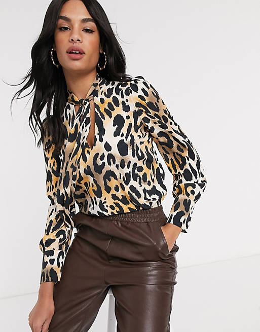 River Island long sleeve pussybow blouse in leopard | ASOS