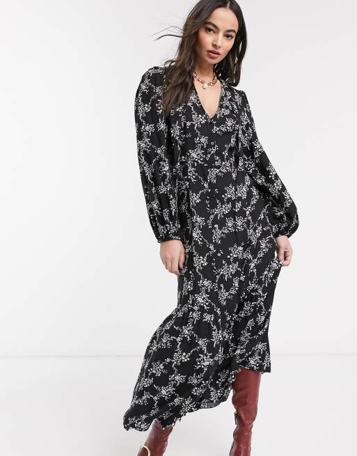 River Island long sleeve pussybow floral midi dress in black | ASOS