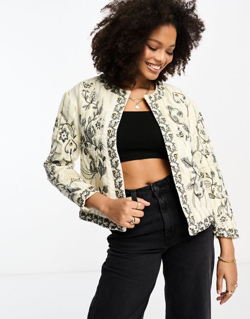 River Island long sleeve quilted coat in cream | ASOS