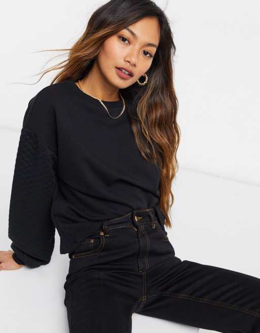 River Island long sleeve quilted sleeve sweatshirt in black