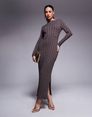 River Island River Island long sleeve ribbed dress in brown-Grey