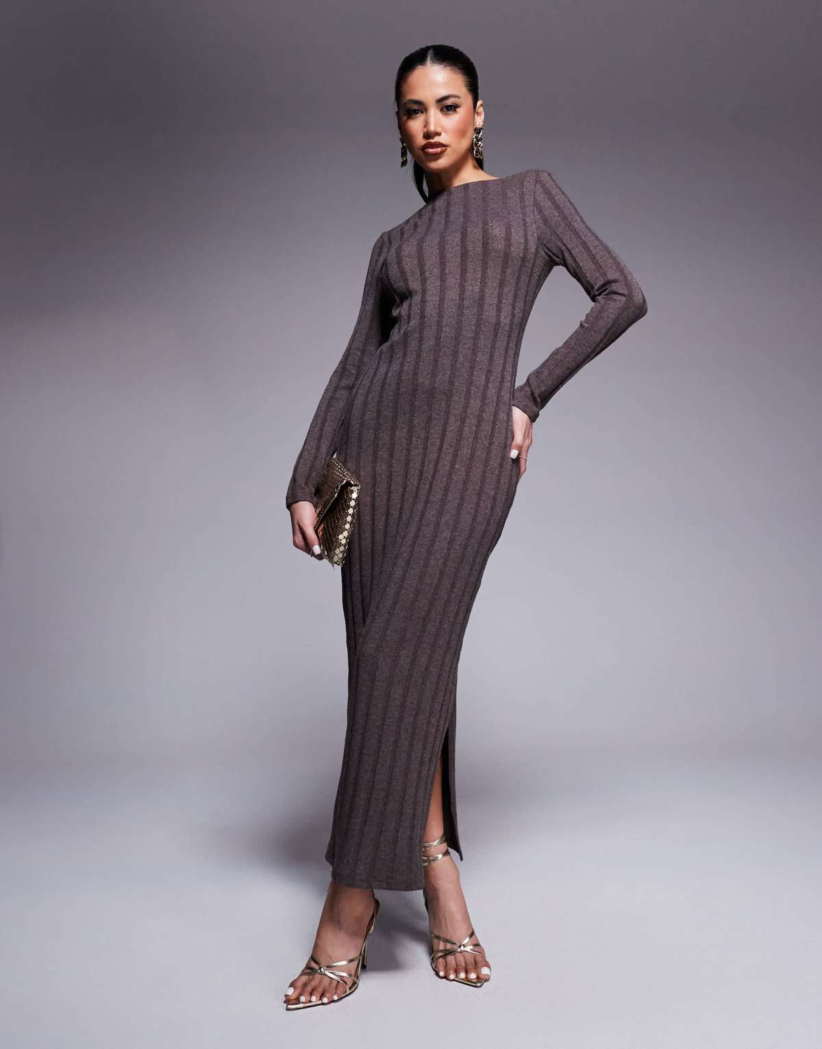 River Island long sleeve ribbed dress in brown