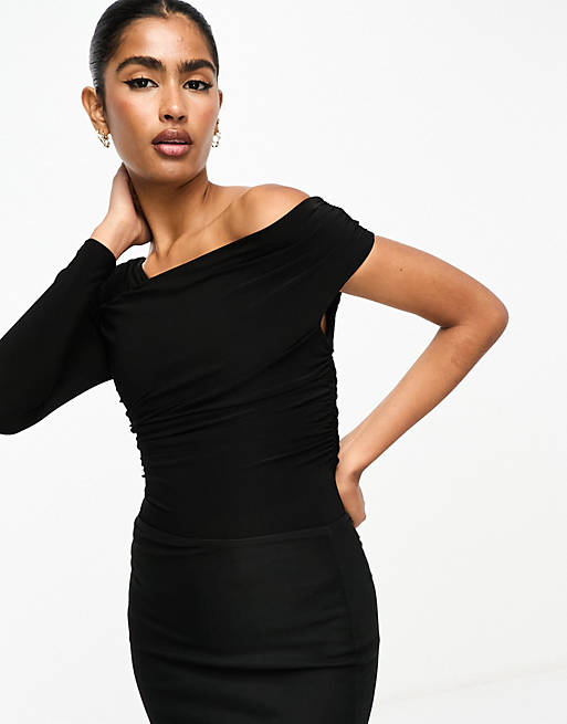 River Island long sleeve Ruched Asymetric Body in Black | ASOS