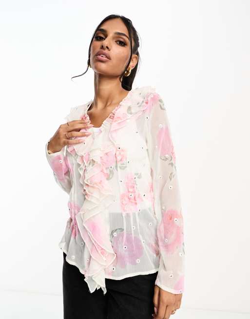 River Island Long Sleeve Ruffle Blouse In Light Pink Asos 6324