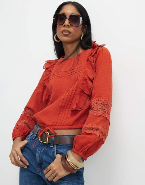River Island Long sleeve ruffle blouse in rust