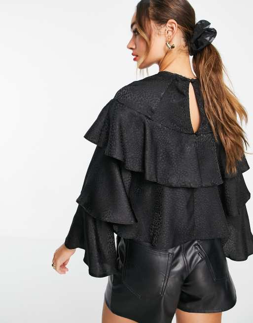 River Island long sleeve ruffle layered blouse in black, 2 of 4