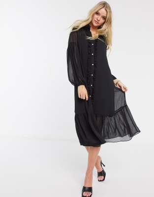 black ruffle midi dress