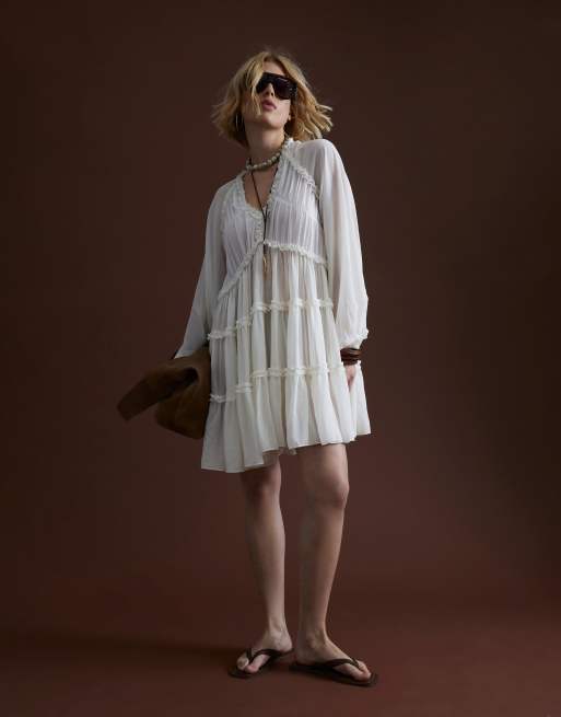short long sleeve lace dress Beige Lace Long Sleeve Short Dress