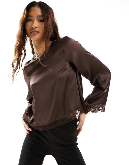 River Island long sleeve satin lace mix blouse in brown | ASOS