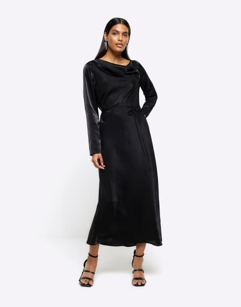 River Island long sleeve satin midi dress in black - view 1