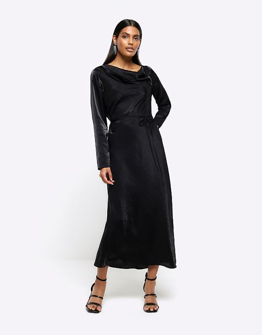 knee length dresses for ladies 22 Momme Elegant Long Sleeve Boat Neck Midi Silk Work Dress DIANASILK