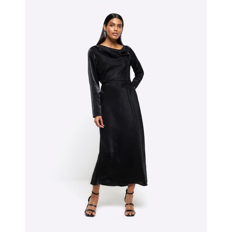River Island long sleeve satin midi dress in black | ASOS
