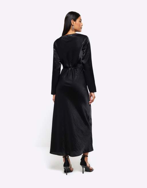 River Island long sleeve satin midi dress in black | ASOS