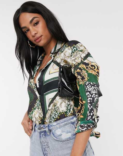 River Island long sleeve scarf print boyfriend shirt in dark green