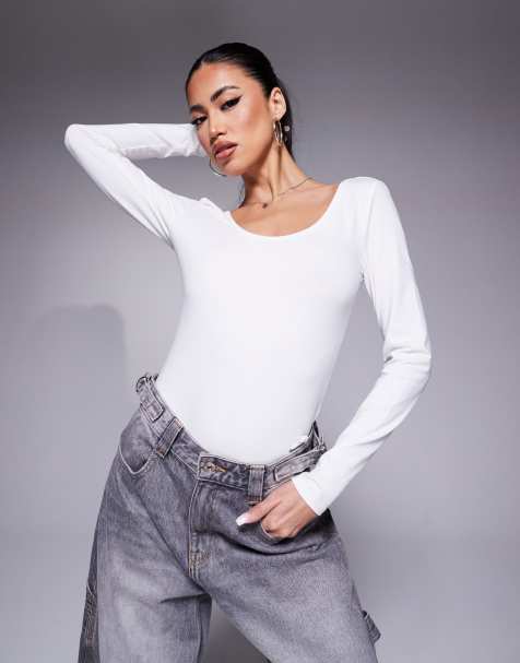 River Island long sleeve scoop neck bodysuit in cream - view 1