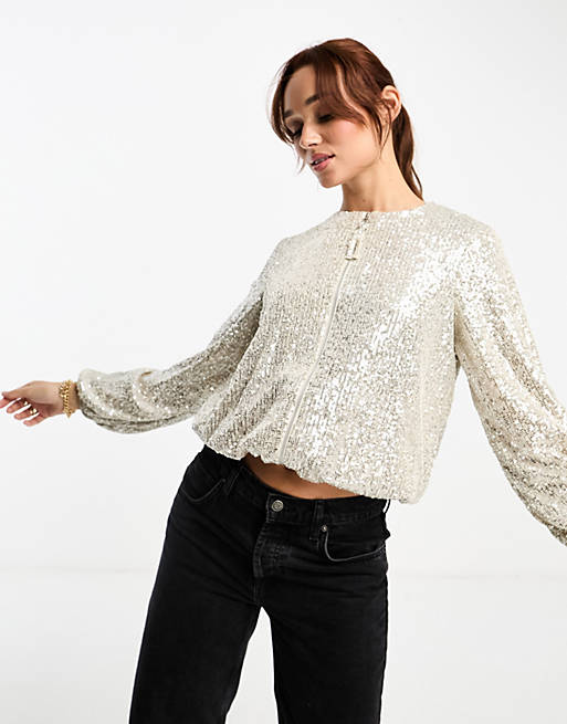 River Island Long sleeve Sequin Bomber Jacket in Silver | ASOS