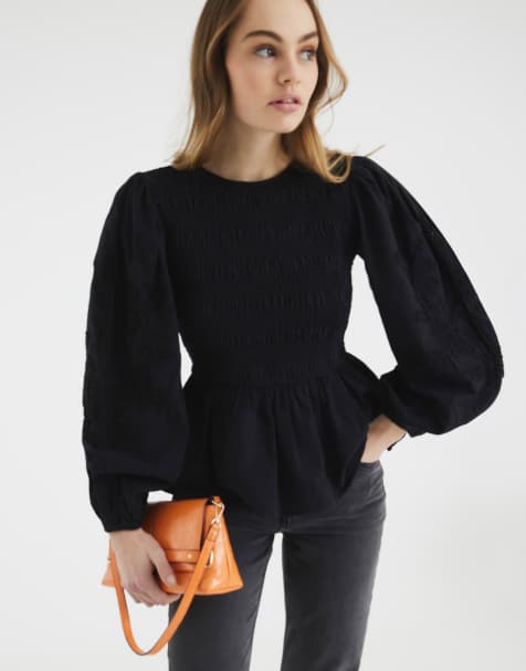 River Island Long sleeve shirred bodice top in black - view 1