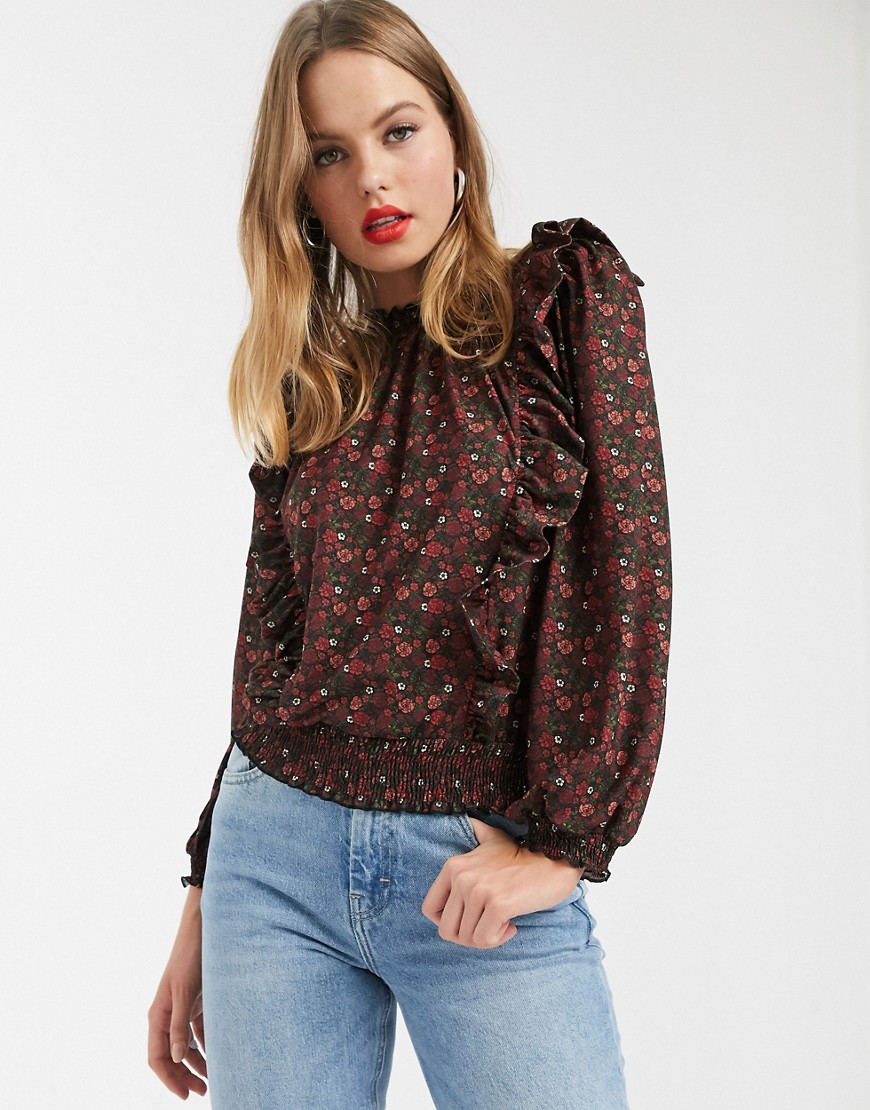 River Island long sleeve shirred ditsy floral frill top in black