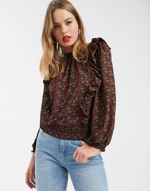River Island long sleeve shirred ditsy floral frill top in black | ASOS