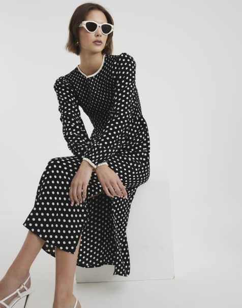 River Island Long sleeve shirred Polka Dot midi dress in black - view 1