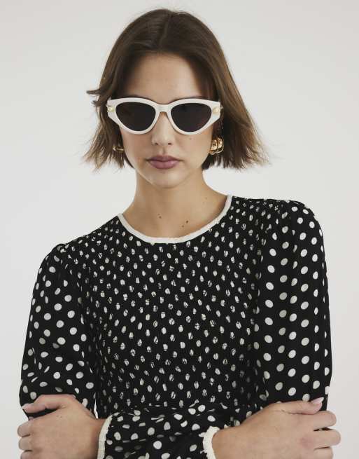 River Island Long sleeve shirred Polka Dot midi dress in black ASOS