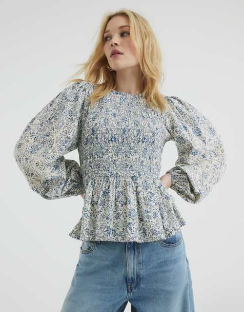 River Island long sleeve shirred top in blue - view 1