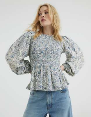 river island long sleeve shirred top in blue