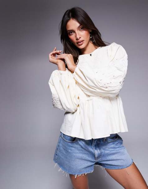 River Island long sleeve shirred top in cream - view 1