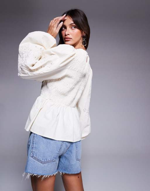 River Island long sleeve shirred top in cream ASOS