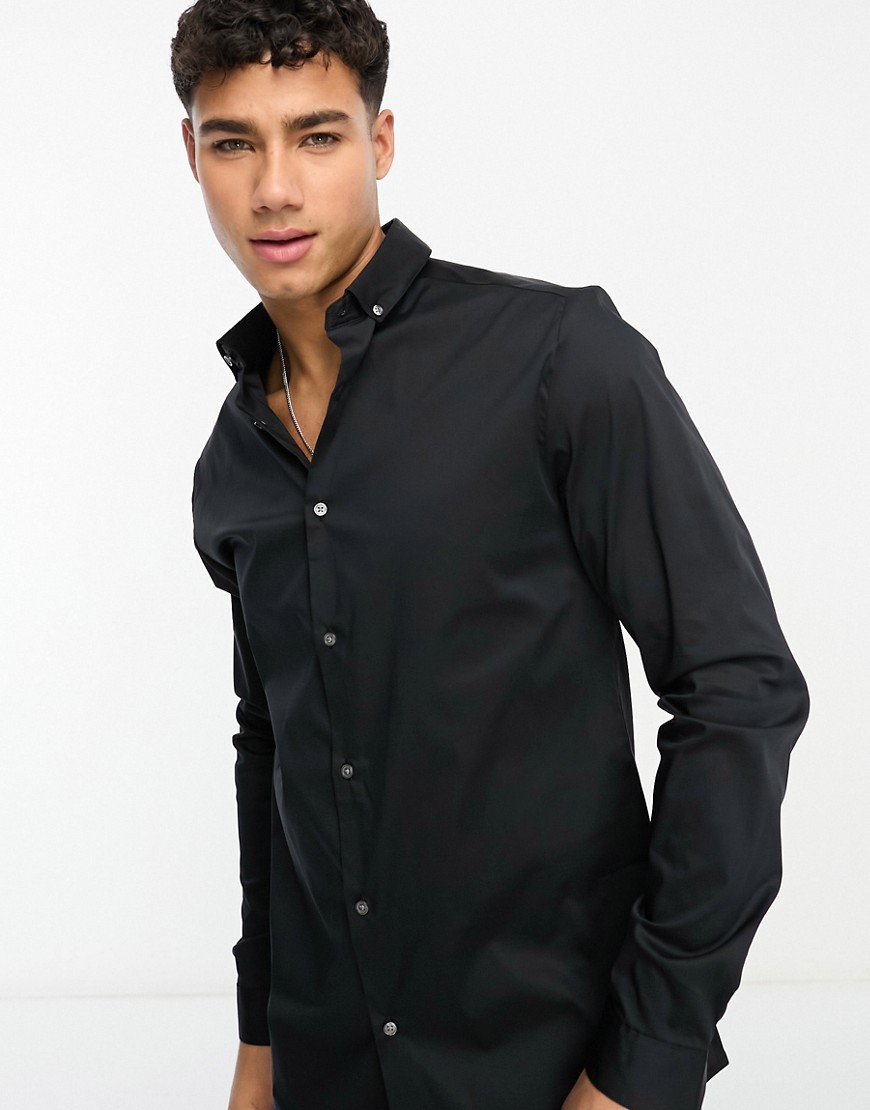 River Island long sleeve smart embroidered muscle fit shirt in black