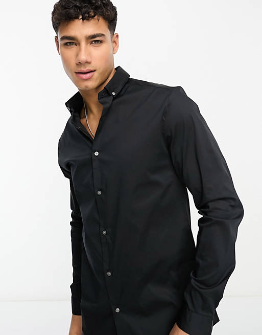 River Island long sleeve smart embroidered muscle fit shirt in black | ASOS