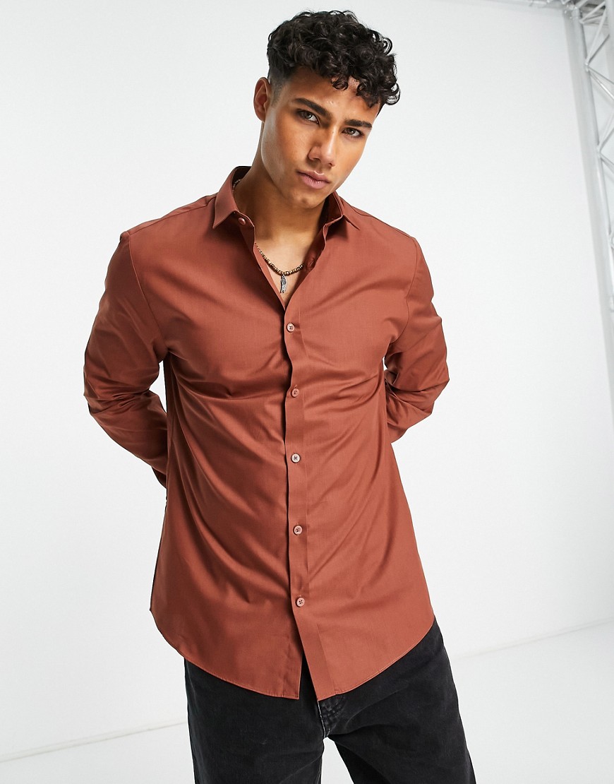 River Island long sleeve smart slim shirt in rust-Red