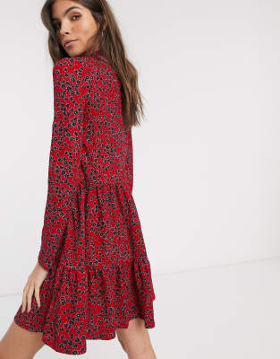 red long sleeve smock dress