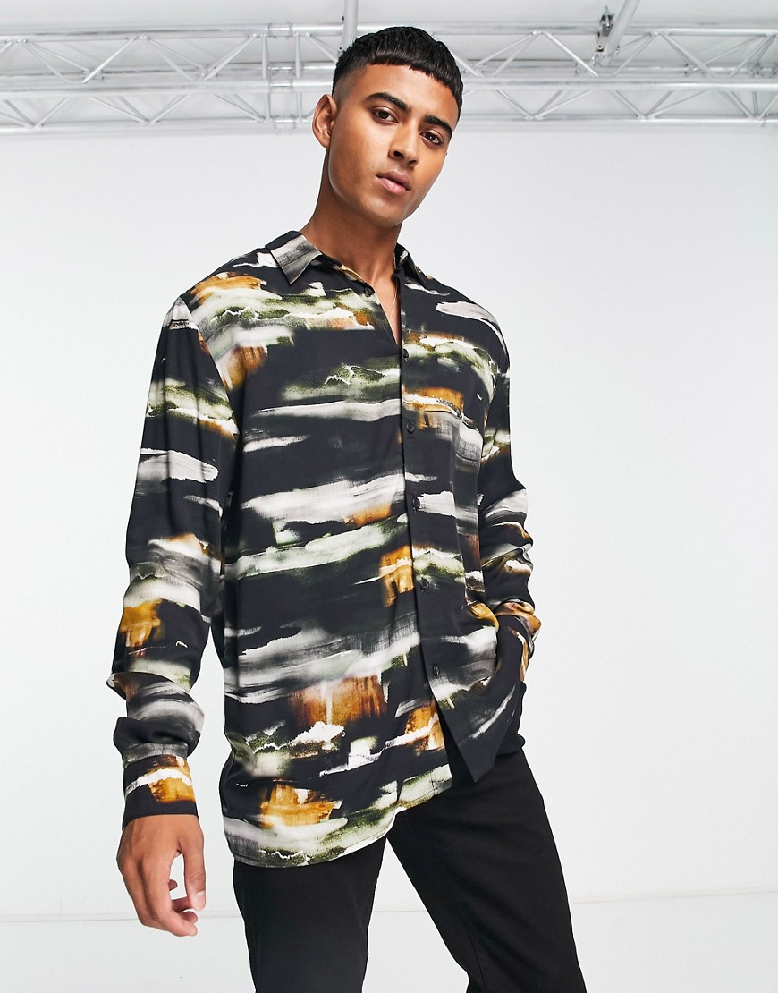 River Island long sleeve smudge print party shirt in black