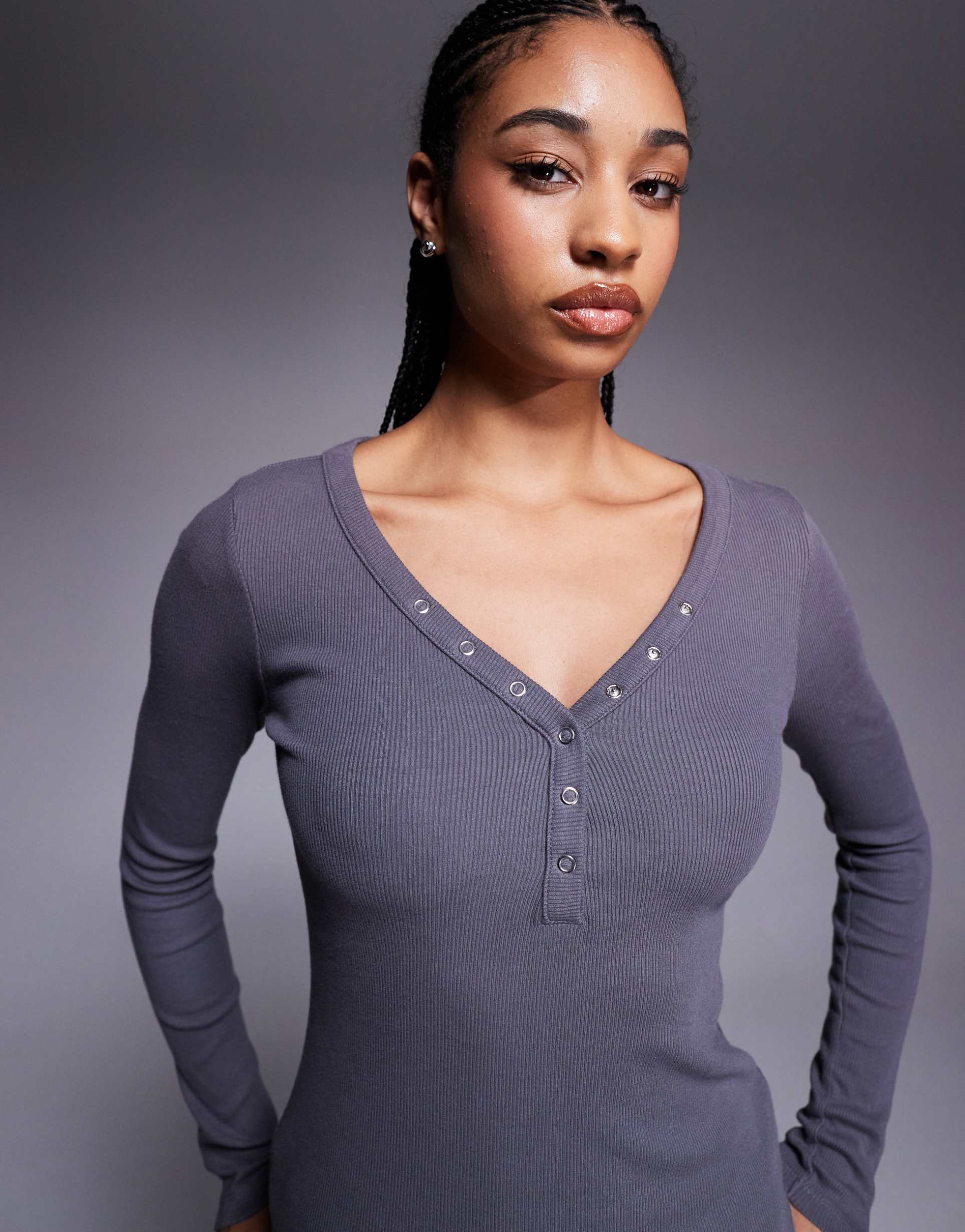 river island long sleeve snap detail ribbed top in gray