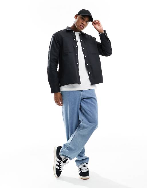 River Island long sleeve snap front overshirt in dark gray | ASOS