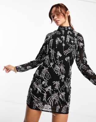 River Island long sleeve star embellished mini dress in black