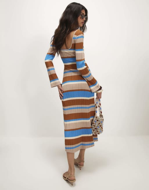 River Island Long sleeve stripe knit midi dress in brown, 4 of 4