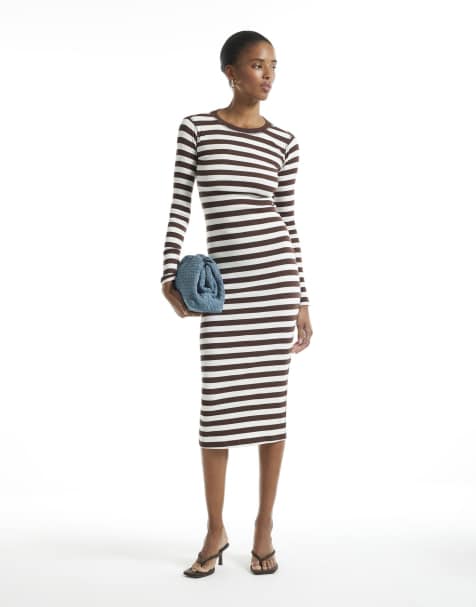River Island Long sleeve stripe rib midi dress in brown