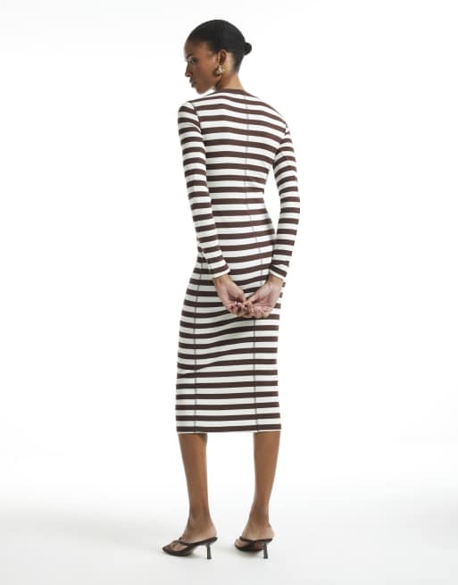 River Island Long sleeve stripe rib midi dress in brown, 4 of 4