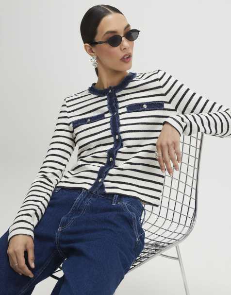 River Island Long sleeve striped denim mix cardigan in white - view 1