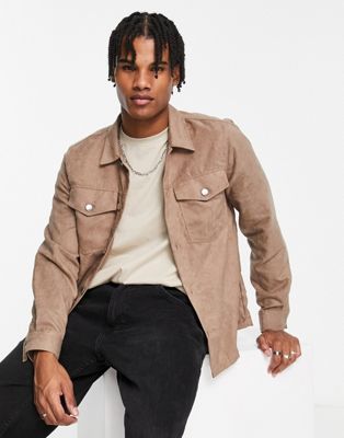River Island long sleeve suedette shirt in stone - ASOS Price Checker