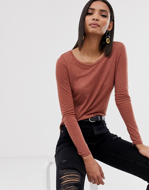 River Island long sleeve t-shirt with scoop neck in brown