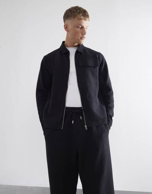 River Island Long sleeve textured smart overshirt in black