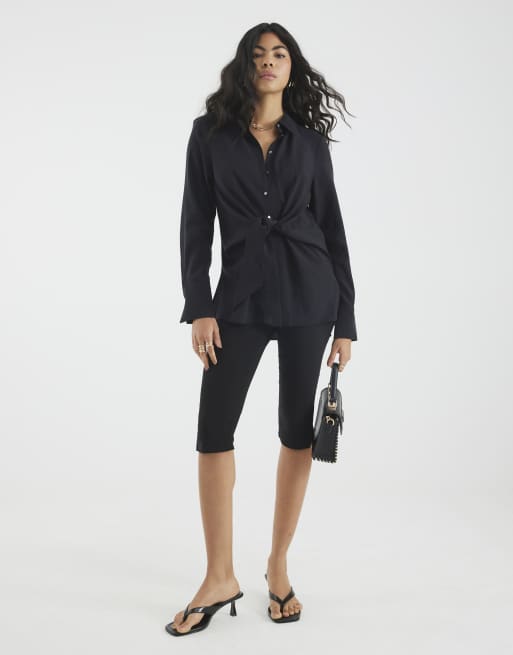 River Island Long sleeve tie waist shirt in black